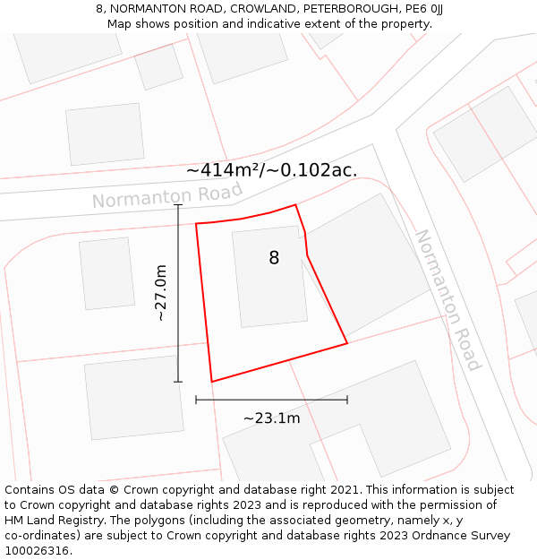 8, NORMANTON ROAD, CROWLAND, PETERBOROUGH, PE6 0JJ: Plot and title map
