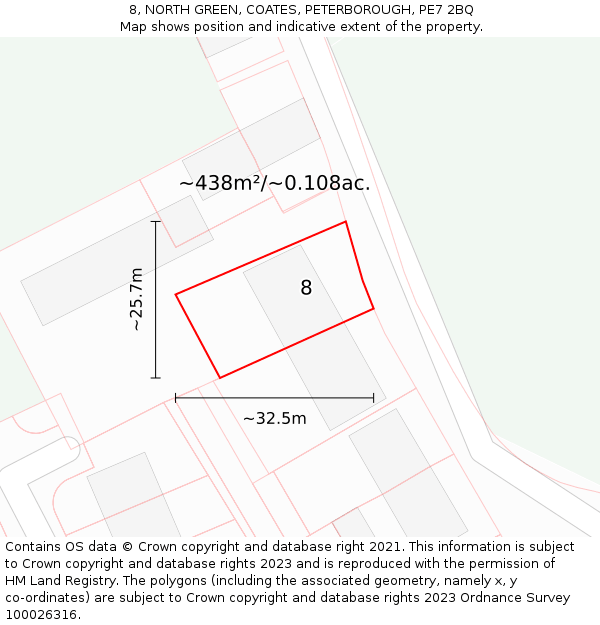 8, NORTH GREEN, COATES, PETERBOROUGH, PE7 2BQ: Plot and title map