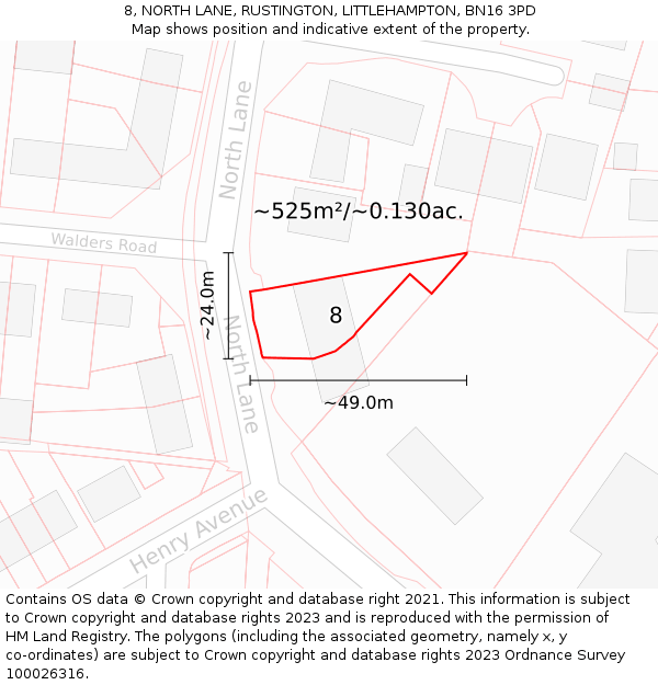 8, NORTH LANE, RUSTINGTON, LITTLEHAMPTON, BN16 3PD: Plot and title map