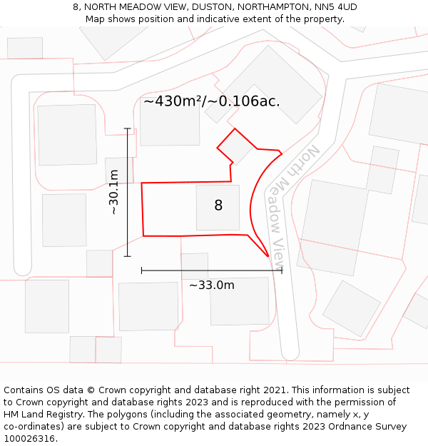 8, NORTH MEADOW VIEW, DUSTON, NORTHAMPTON, NN5 4UD: Plot and title map