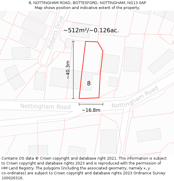 8, NOTTINGHAM ROAD, BOTTESFORD, NOTTINGHAM, NG13 0AP: Plot and title map