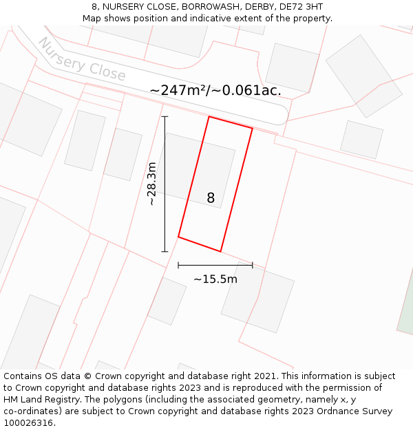 8, NURSERY CLOSE, BORROWASH, DERBY, DE72 3HT: Plot and title map