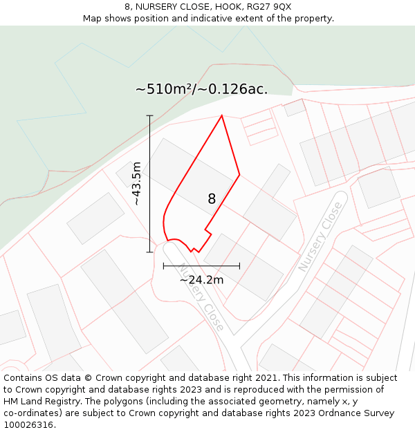 8, NURSERY CLOSE, HOOK, RG27 9QX: Plot and title map