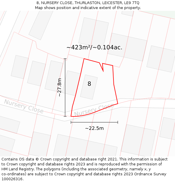 8, NURSERY CLOSE, THURLASTON, LEICESTER, LE9 7TQ: Plot and title map