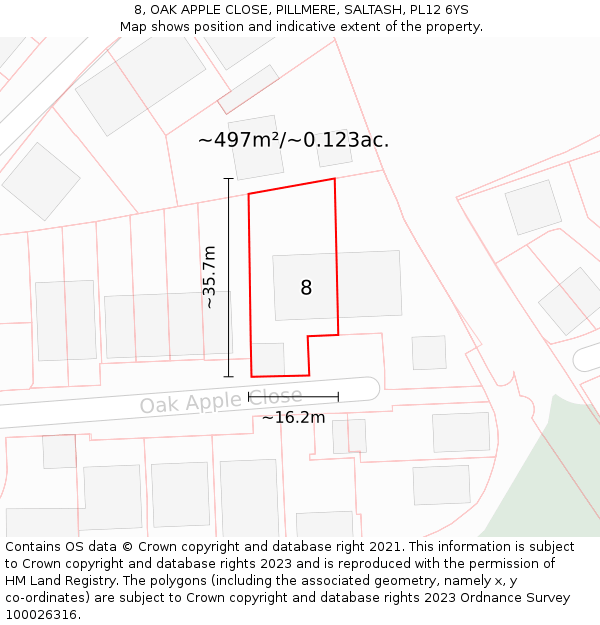 8, OAK APPLE CLOSE, PILLMERE, SALTASH, PL12 6YS: Plot and title map