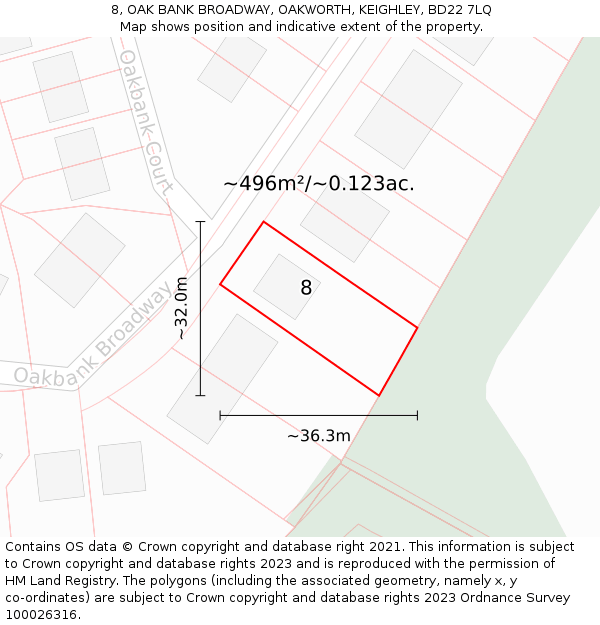 8, OAK BANK BROADWAY, OAKWORTH, KEIGHLEY, BD22 7LQ: Plot and title map