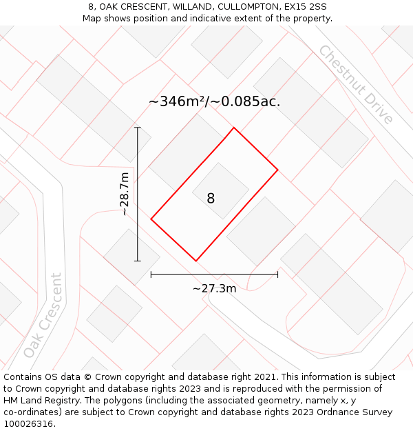 8, OAK CRESCENT, WILLAND, CULLOMPTON, EX15 2SS: Plot and title map