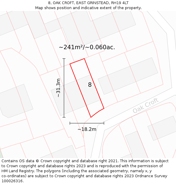 8, OAK CROFT, EAST GRINSTEAD, RH19 4LT: Plot and title map