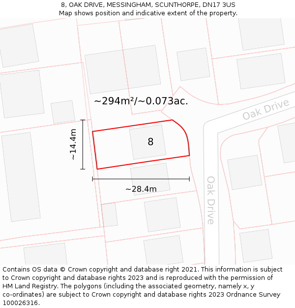 8, OAK DRIVE, MESSINGHAM, SCUNTHORPE, DN17 3US: Plot and title map