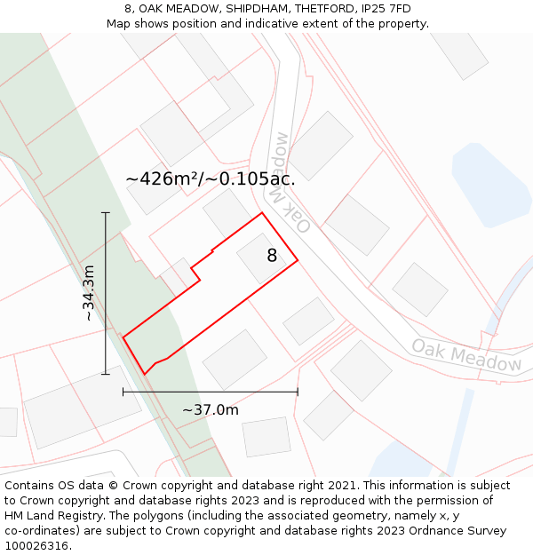 8, OAK MEADOW, SHIPDHAM, THETFORD, IP25 7FD: Plot and title map
