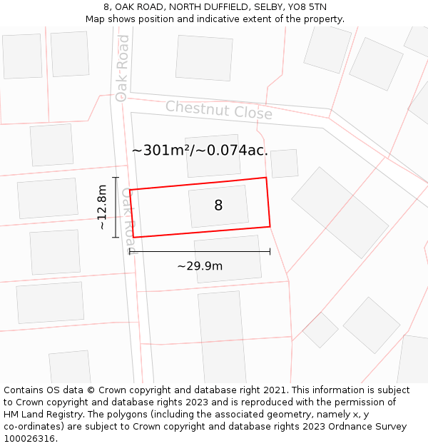 8, OAK ROAD, NORTH DUFFIELD, SELBY, YO8 5TN: Plot and title map