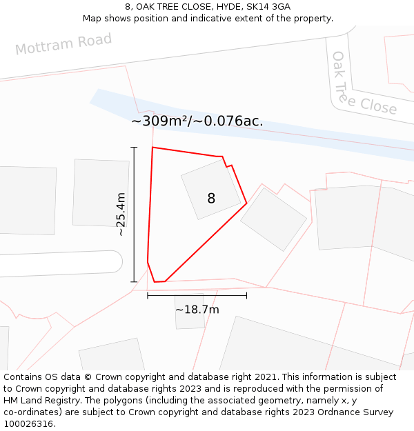 8, OAK TREE CLOSE, HYDE, SK14 3GA: Plot and title map