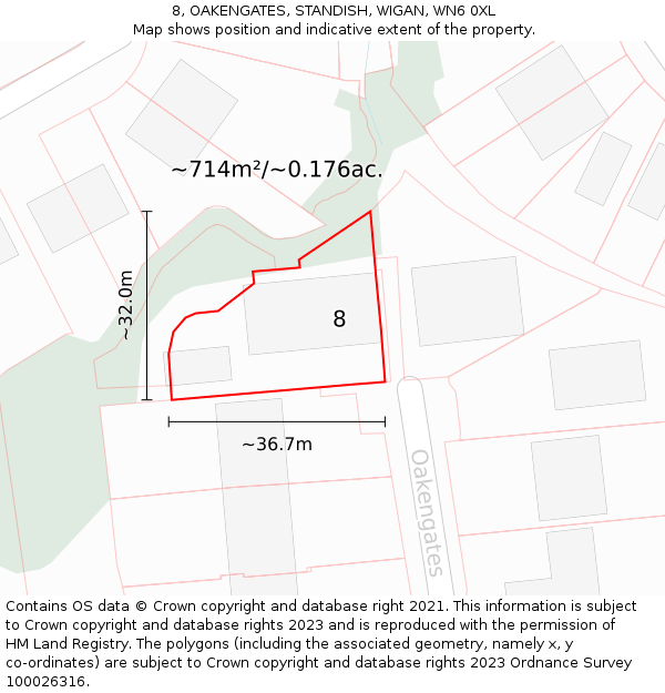 8, OAKENGATES, STANDISH, WIGAN, WN6 0XL: Plot and title map
