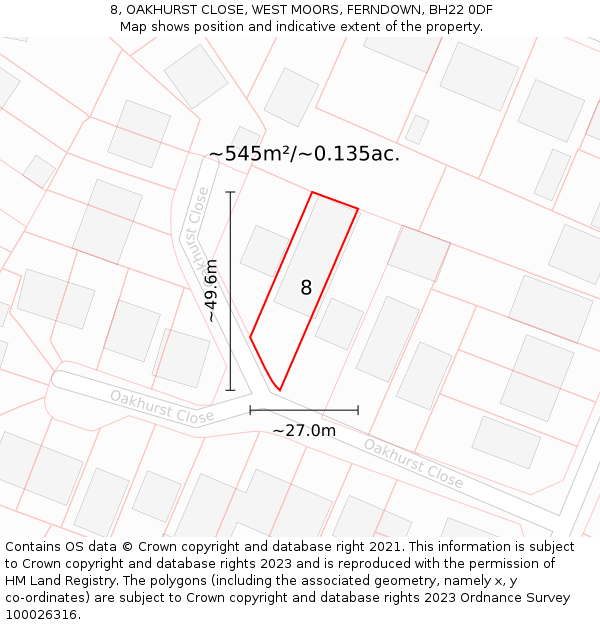 8, OAKHURST CLOSE, WEST MOORS, FERNDOWN, BH22 0DF: Plot and title map