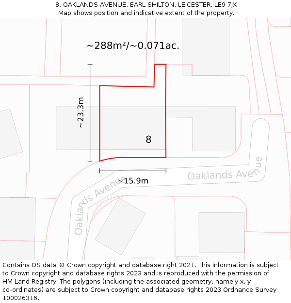 8, OAKLANDS AVENUE, EARL SHILTON, LEICESTER, LE9 7JX: Plot and title map