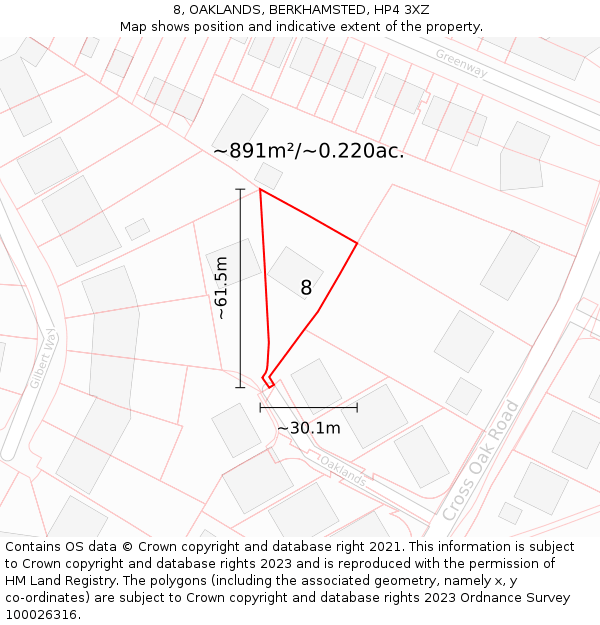 8, OAKLANDS, BERKHAMSTED, HP4 3XZ: Plot and title map