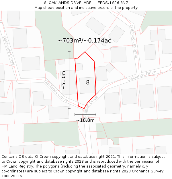 8, OAKLANDS DRIVE, ADEL, LEEDS, LS16 8NZ: Plot and title map
