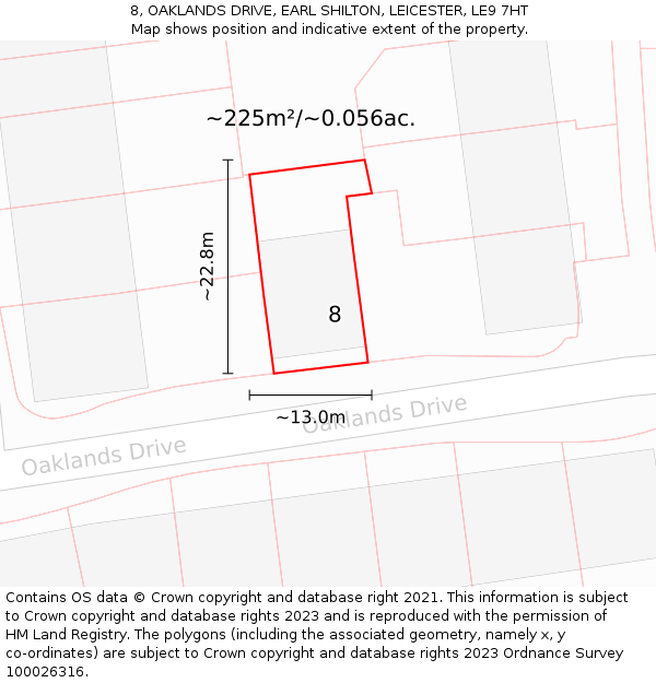 8, OAKLANDS DRIVE, EARL SHILTON, LEICESTER, LE9 7HT: Plot and title map