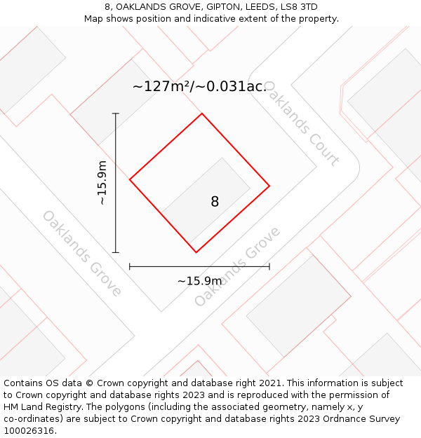 8, OAKLANDS GROVE, GIPTON, LEEDS, LS8 3TD: Plot and title map
