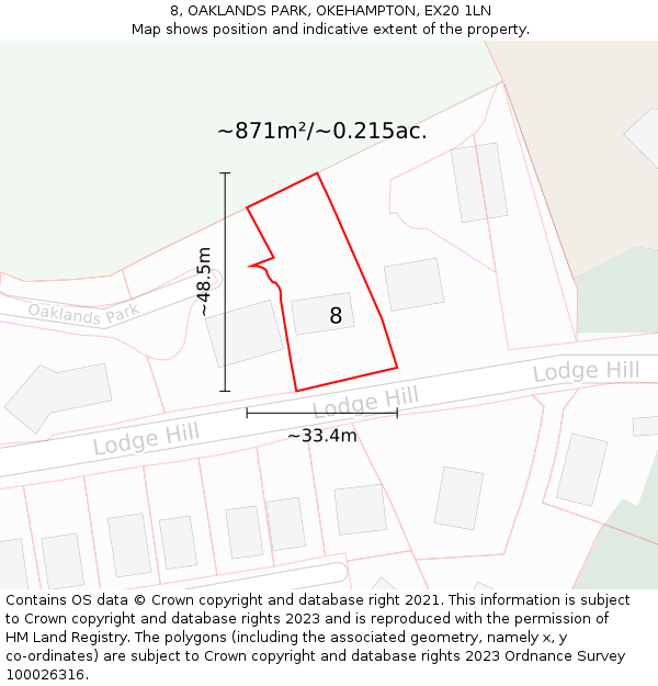 8, OAKLANDS PARK, OKEHAMPTON, EX20 1LN: Plot and title map