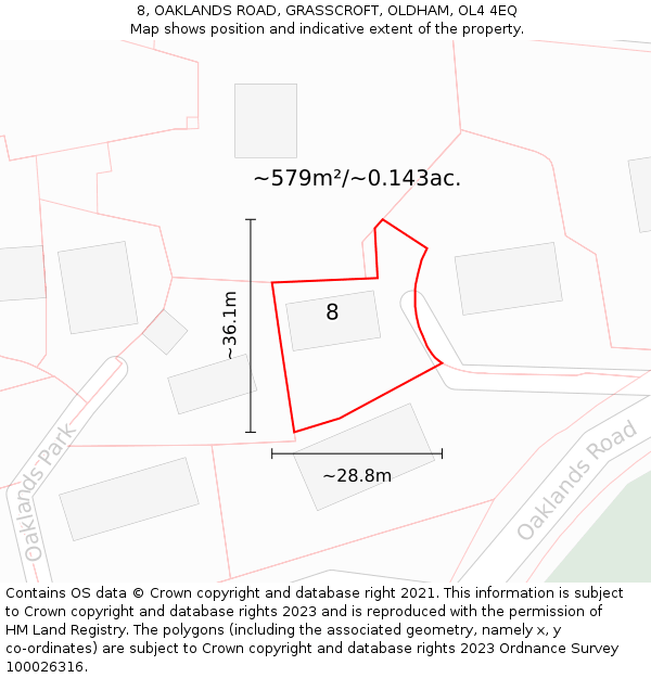 8, OAKLANDS ROAD, GRASSCROFT, OLDHAM, OL4 4EQ: Plot and title map