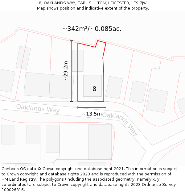 8, OAKLANDS WAY, EARL SHILTON, LEICESTER, LE9 7JW: Plot and title map