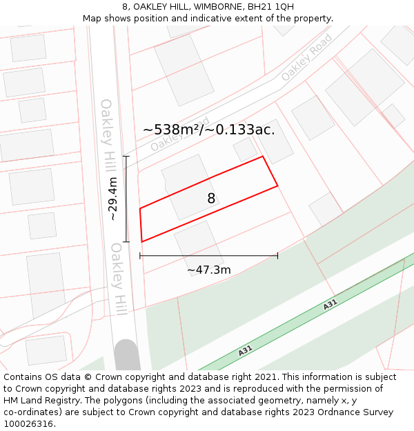 8, OAKLEY HILL, WIMBORNE, BH21 1QH: Plot and title map