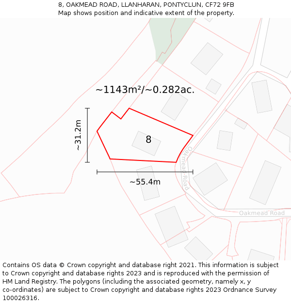 8, OAKMEAD ROAD, LLANHARAN, PONTYCLUN, CF72 9FB: Plot and title map