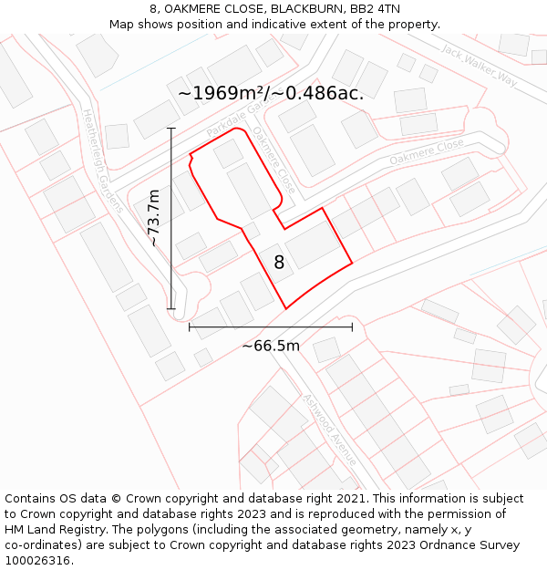 8, OAKMERE CLOSE, BLACKBURN, BB2 4TN: Plot and title map