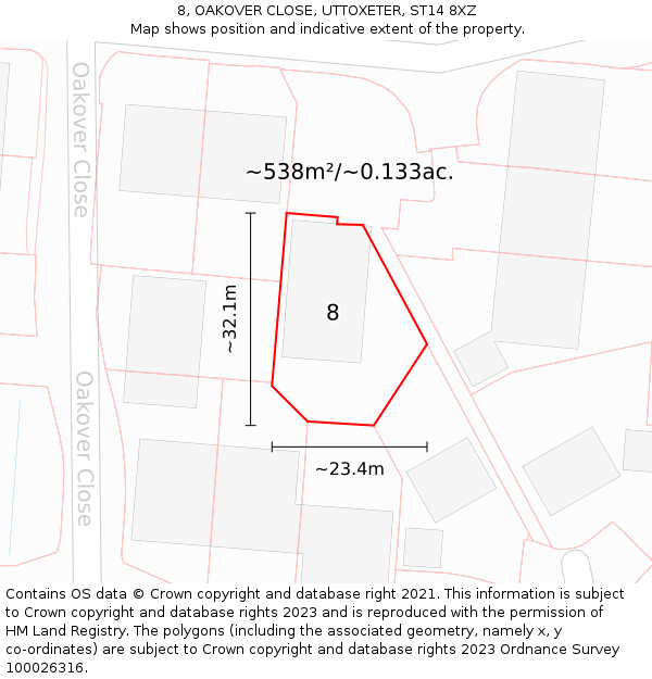8, OAKOVER CLOSE, UTTOXETER, ST14 8XZ: Plot and title map