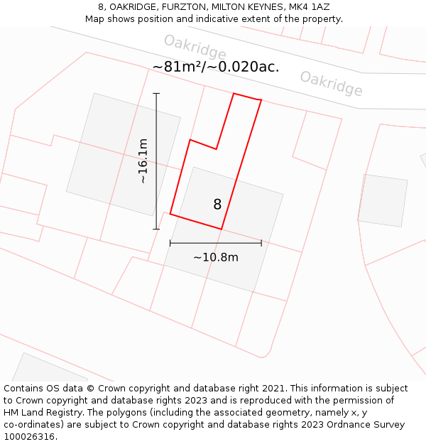8, OAKRIDGE, FURZTON, MILTON KEYNES, MK4 1AZ: Plot and title map
