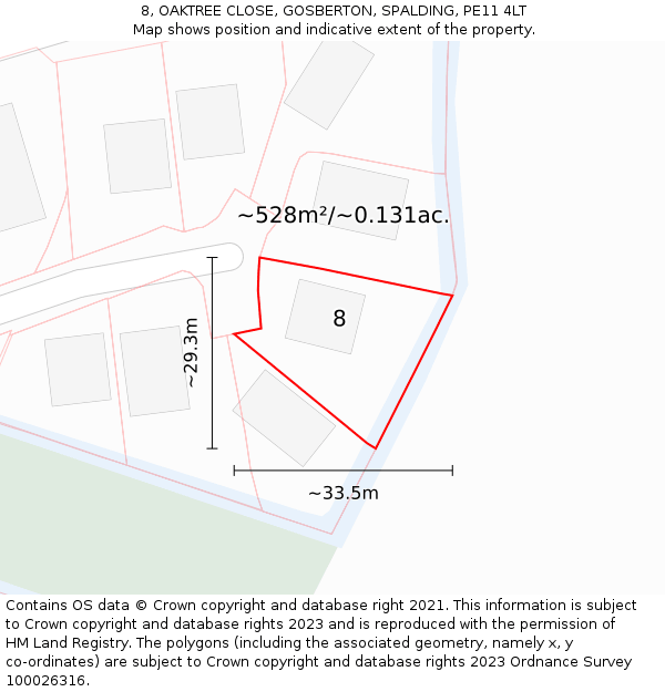 8, OAKTREE CLOSE, GOSBERTON, SPALDING, PE11 4LT: Plot and title map