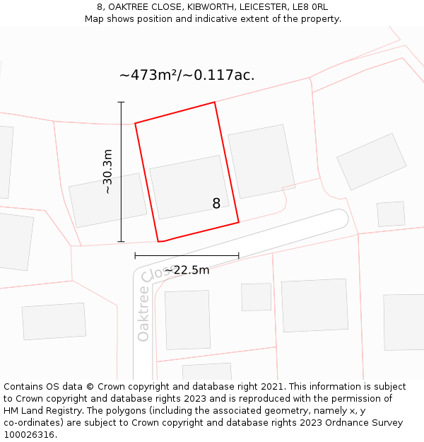 8, OAKTREE CLOSE, KIBWORTH, LEICESTER, LE8 0RL: Plot and title map