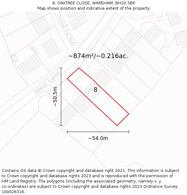 8, OAKTREE CLOSE, WAREHAM, BH20 5BP: Plot and title map