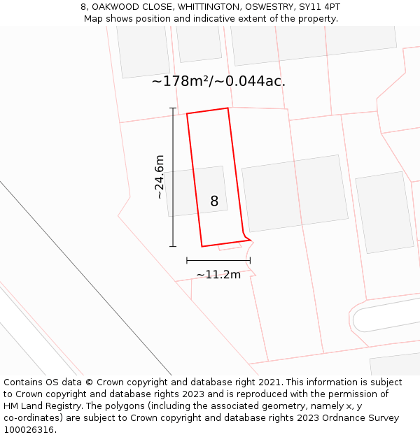 8, OAKWOOD CLOSE, WHITTINGTON, OSWESTRY, SY11 4PT: Plot and title map