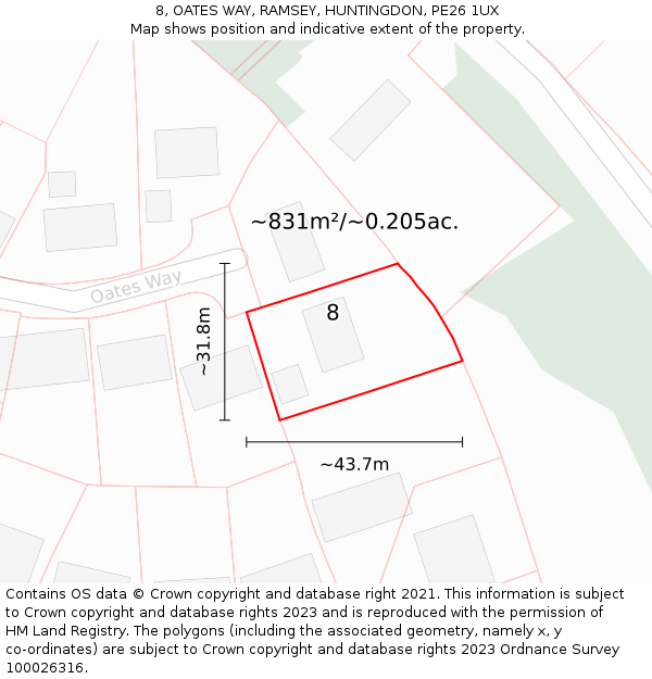 8, OATES WAY, RAMSEY, HUNTINGDON, PE26 1UX: Plot and title map