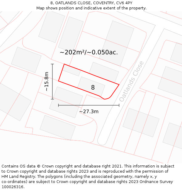 8, OATLANDS CLOSE, COVENTRY, CV6 4PY: Plot and title map