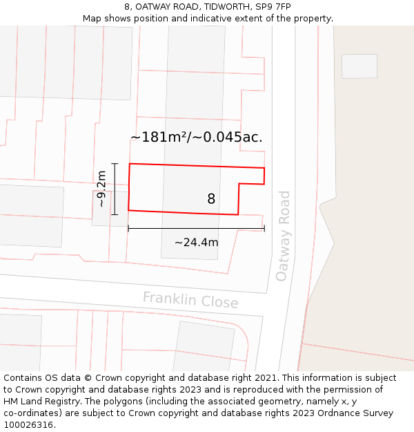 8, OATWAY ROAD, TIDWORTH, SP9 7FP: Plot and title map