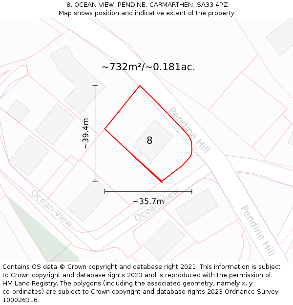 8, OCEAN VIEW, PENDINE, CARMARTHEN, SA33 4PZ: Plot and title map