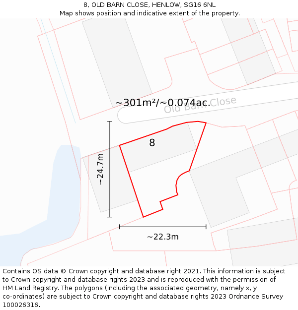 8, OLD BARN CLOSE, HENLOW, SG16 6NL: Plot and title map