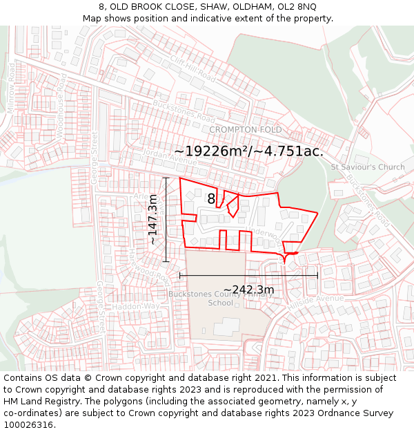 8, OLD BROOK CLOSE, SHAW, OLDHAM, OL2 8NQ: Plot and title map