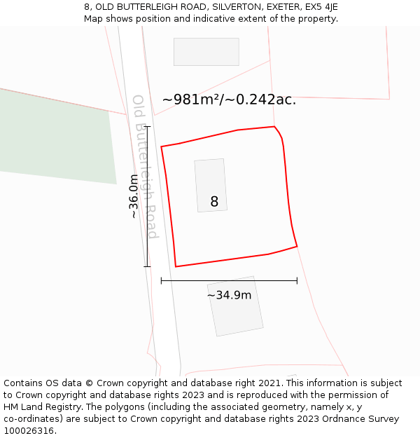 8, OLD BUTTERLEIGH ROAD, SILVERTON, EXETER, EX5 4JE: Plot and title map