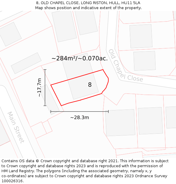 8, OLD CHAPEL CLOSE, LONG RISTON, HULL, HU11 5LA: Plot and title map