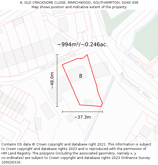 8, OLD CRACKNORE CLOSE, MARCHWOOD, SOUTHAMPTON, SO40 4SE: Plot and title map