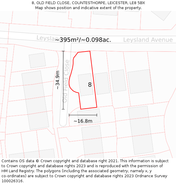 8, OLD FIELD CLOSE, COUNTESTHORPE, LEICESTER, LE8 5BX: Plot and title map