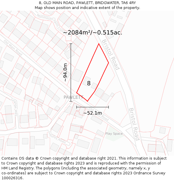 8, OLD MAIN ROAD, PAWLETT, BRIDGWATER, TA6 4RY: Plot and title map