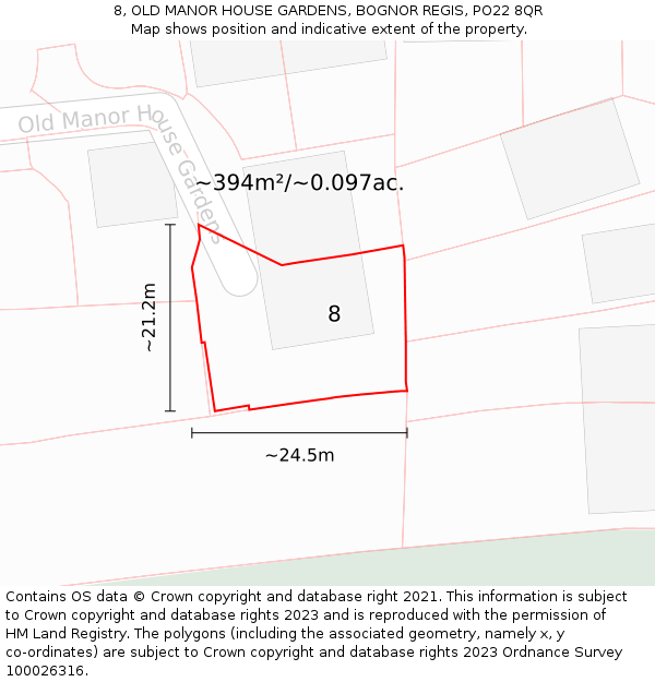 8, OLD MANOR HOUSE GARDENS, BOGNOR REGIS, PO22 8QR: Plot and title map