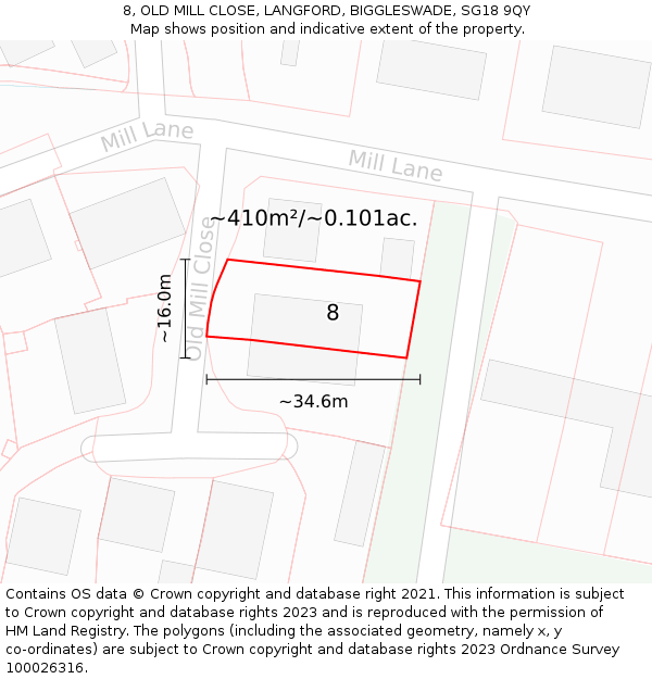 8, OLD MILL CLOSE, LANGFORD, BIGGLESWADE, SG18 9QY: Plot and title map