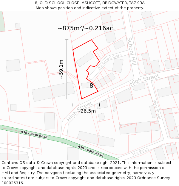 8, OLD SCHOOL CLOSE, ASHCOTT, BRIDGWATER, TA7 9RA: Plot and title map