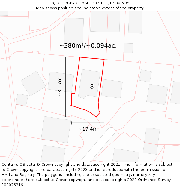 8, OLDBURY CHASE, BRISTOL, BS30 6DY: Plot and title map